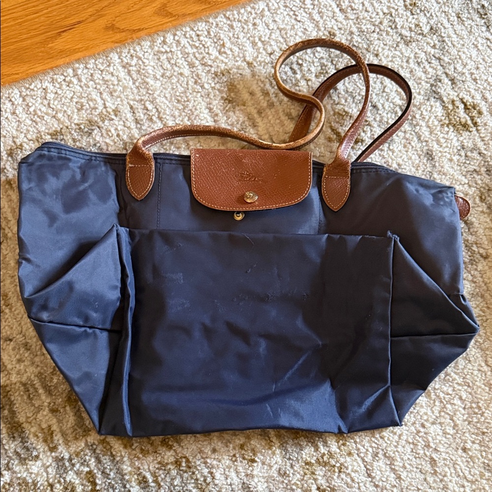 Longchamp Navy Tote with Brown Leather Trim